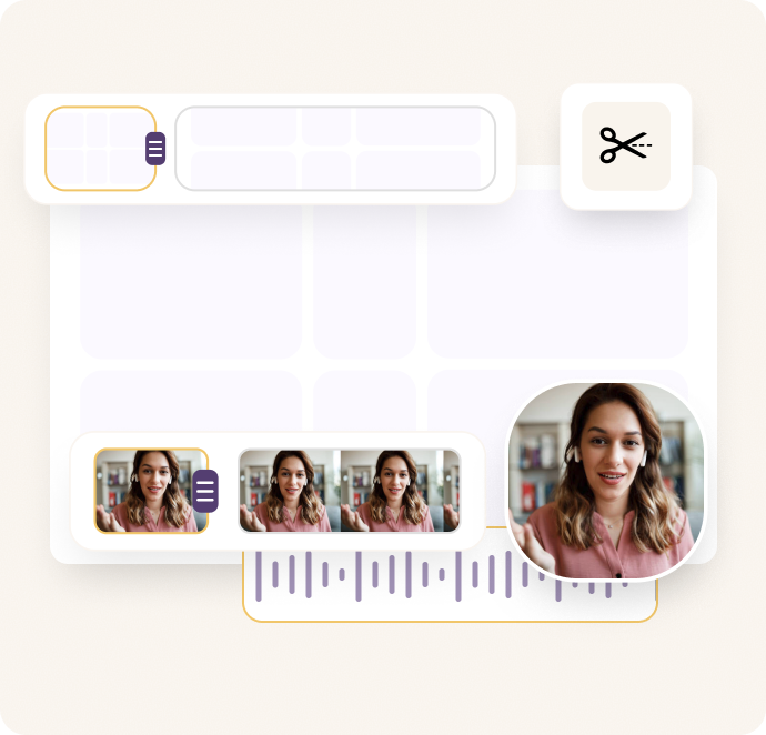 Video call interface with multiple participants on a white background