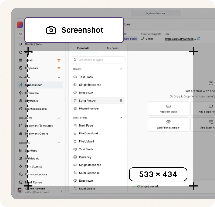 Screenshot of a form builder interface with various elements on a computer screen.