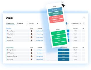 Software interface with deal management system showing stages and statuses.
