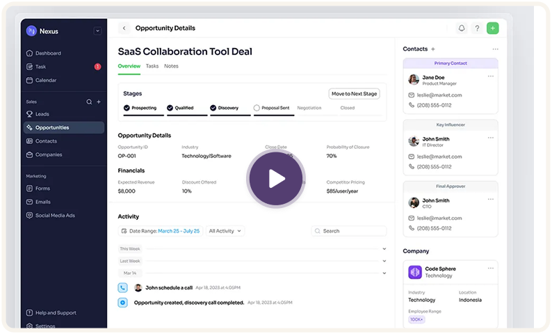 Nexus CRM software interface showing a SaaS collaboration tool deal with opportunity details and contact information.