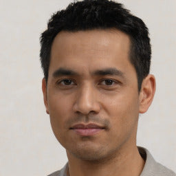 Man with short dark hair wearing a light gray shirt